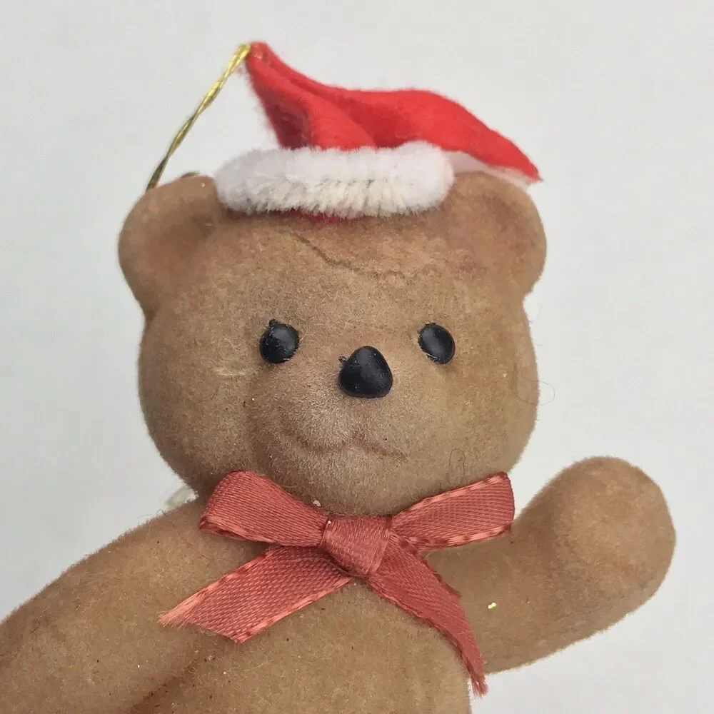 Flocked Teddy Bear Ornament Vintage Christmas Santa Hat Bow Tie MCM